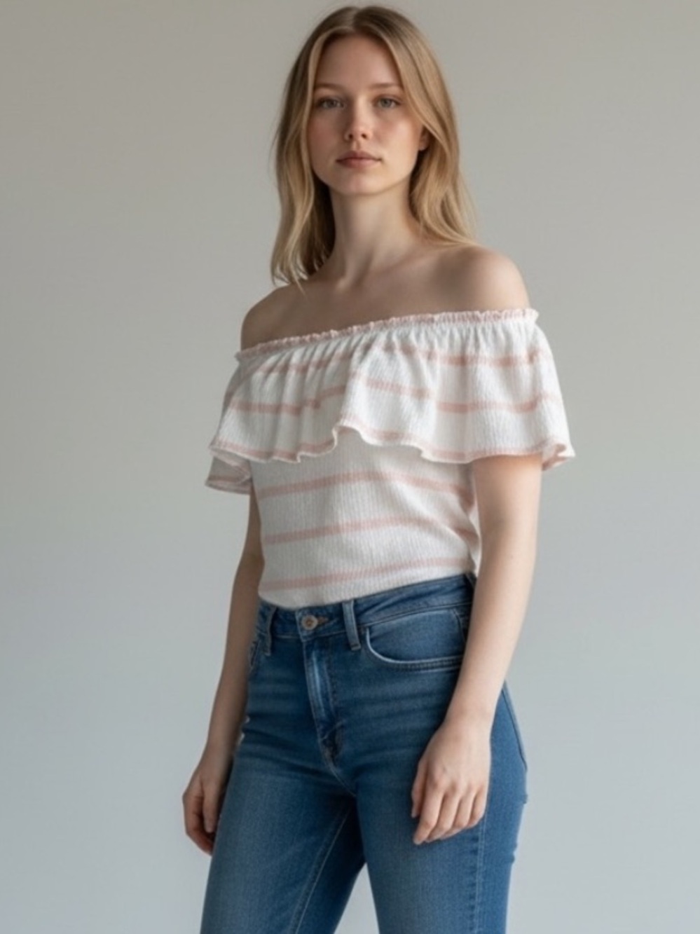 Maison Jules White and Light Pink Striped Off-Shoulder Ruffle Camisole Size M